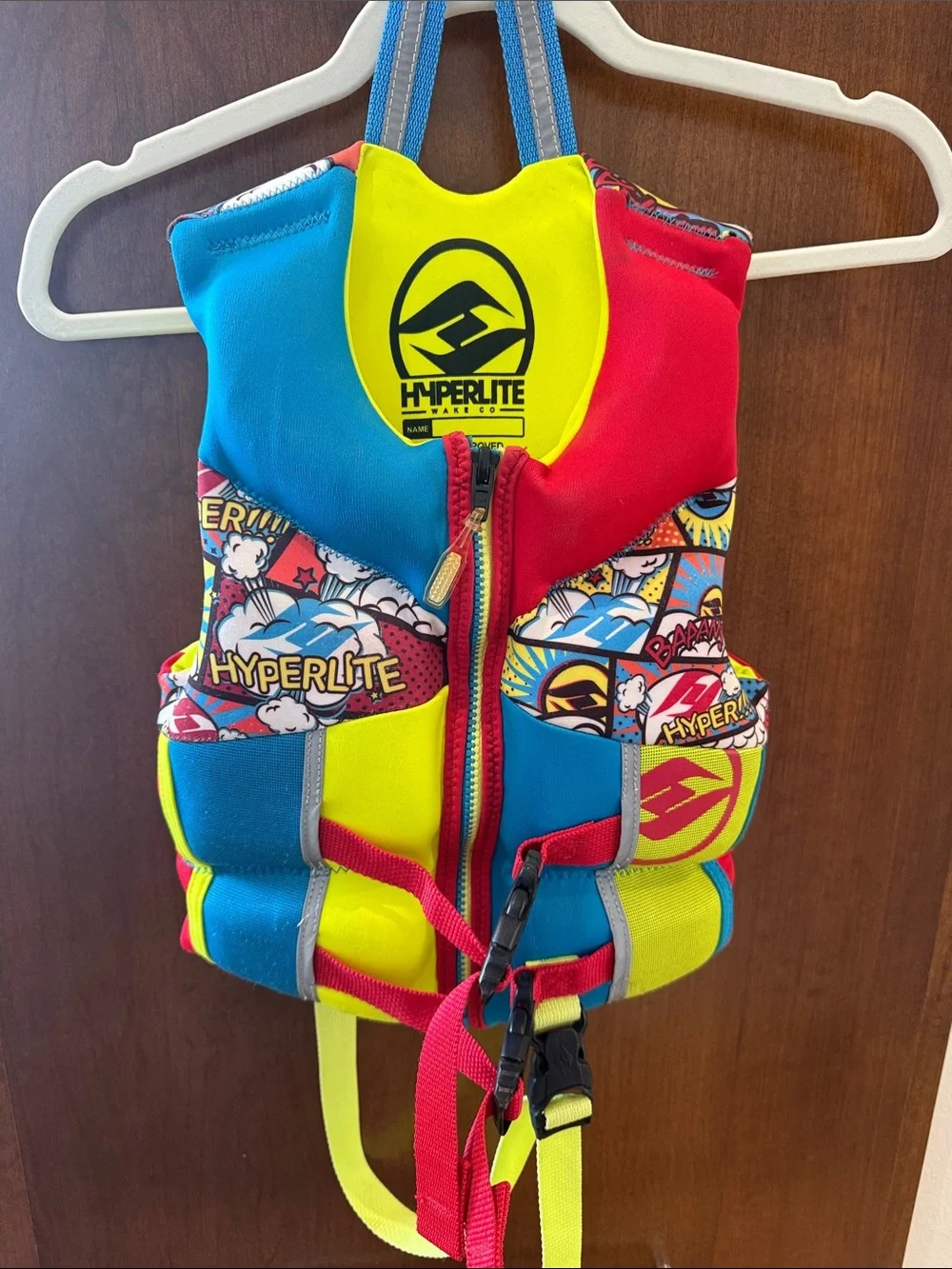 Hyperlite Kids' Neoprene Life Jacket - Bright Yellow/Blue/Red